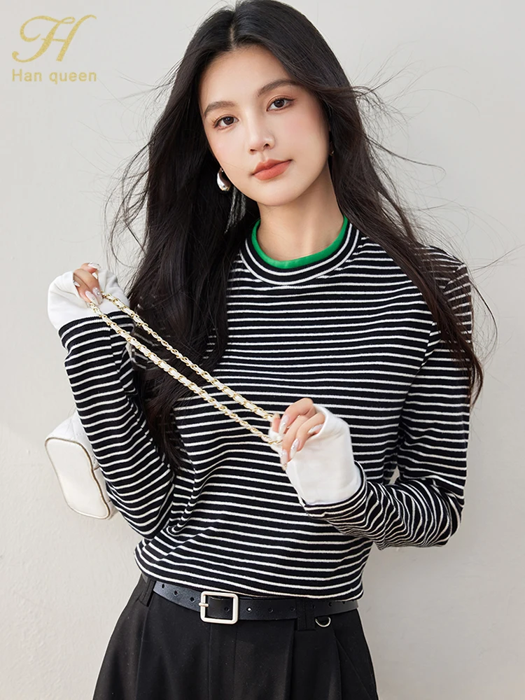 

H Han Queen Autumn O-Neck Long Sleeve Casual Loose Tee Vintage Stripe T-Shirts Office Female Simple Basics Tops Female Clothing