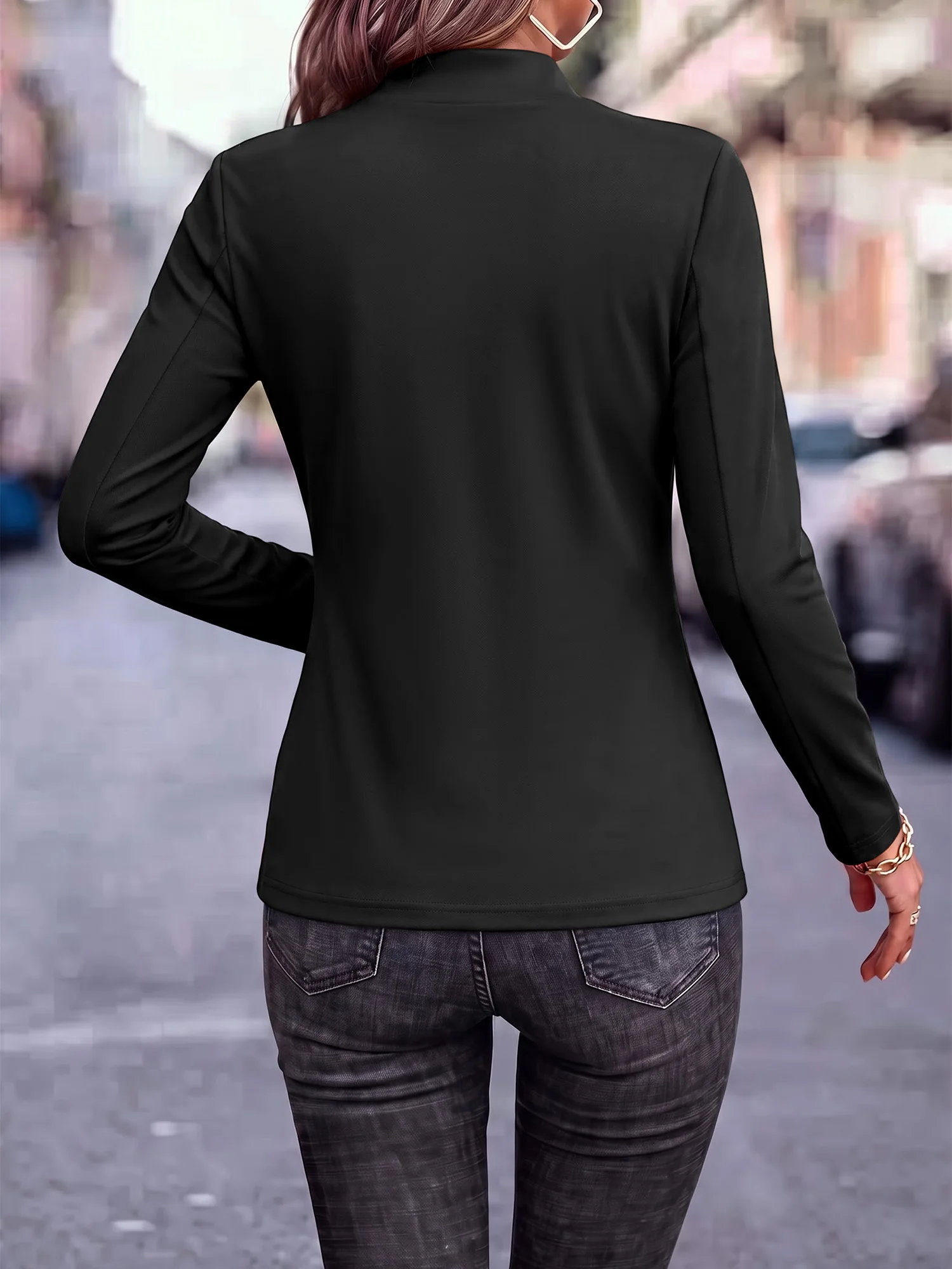 Modischer Damen-Blazer mit Stehkragen, langen Ärmeln, offenem Vorderteil, Business-Casual-Mantel, schmale Passform, Büro-Arbeitsjacke – Detail 6