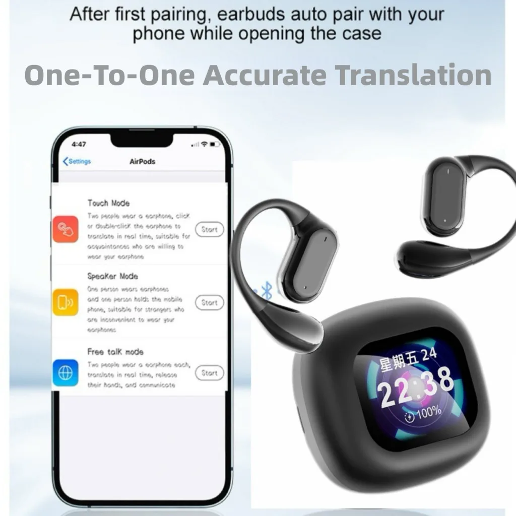 LCD Full Color Touch AI Smart Translation Bluetooth Wireless Ear Hook Headsets Multi-functional Acitve Noise Reduction Headphone