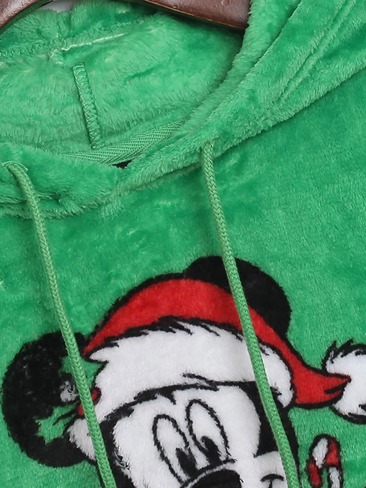 Disney Fleece Hoodies Sweatshirt Merry Christmas Mickey Mouse Cartoon Print Women Long Sleeve Hooded Flannel Warm Jumper Tops