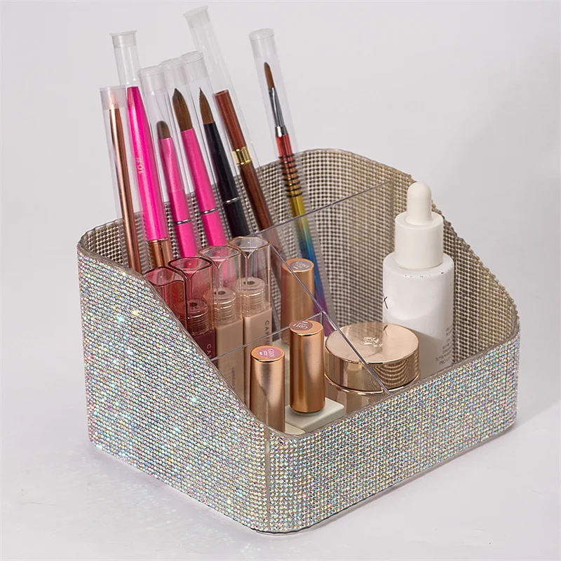 

Sparkling Rhinestone Makeup Brush Organizer Acrylic Compartment Large Capacity Makeup Brushes Lipstick Cosmetic Tool Storage Box