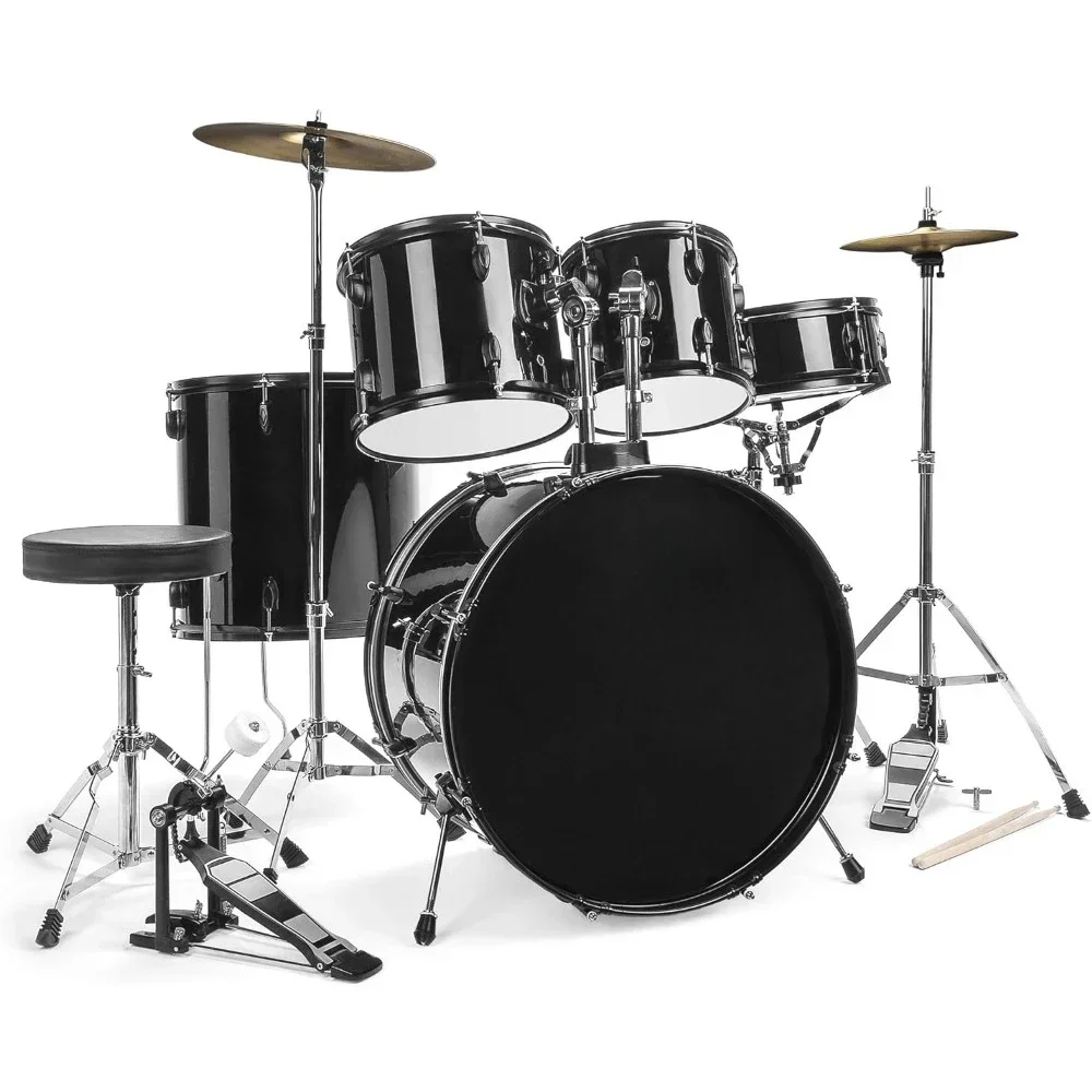 5-delige complete drumset voor volwassenen op ware grootte met cimbaalstandaards, kruk, drumpedaal, stokken, vloertom (zwart)