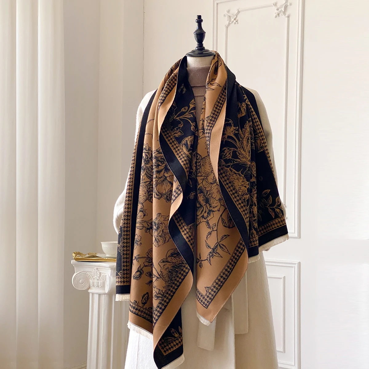 フラワープリント レディース スカーフ 暖かいスカーフ ショール シンプル イミテーション カシミア スカーフ 厚いショール ジャカード ファッション 秋と冬