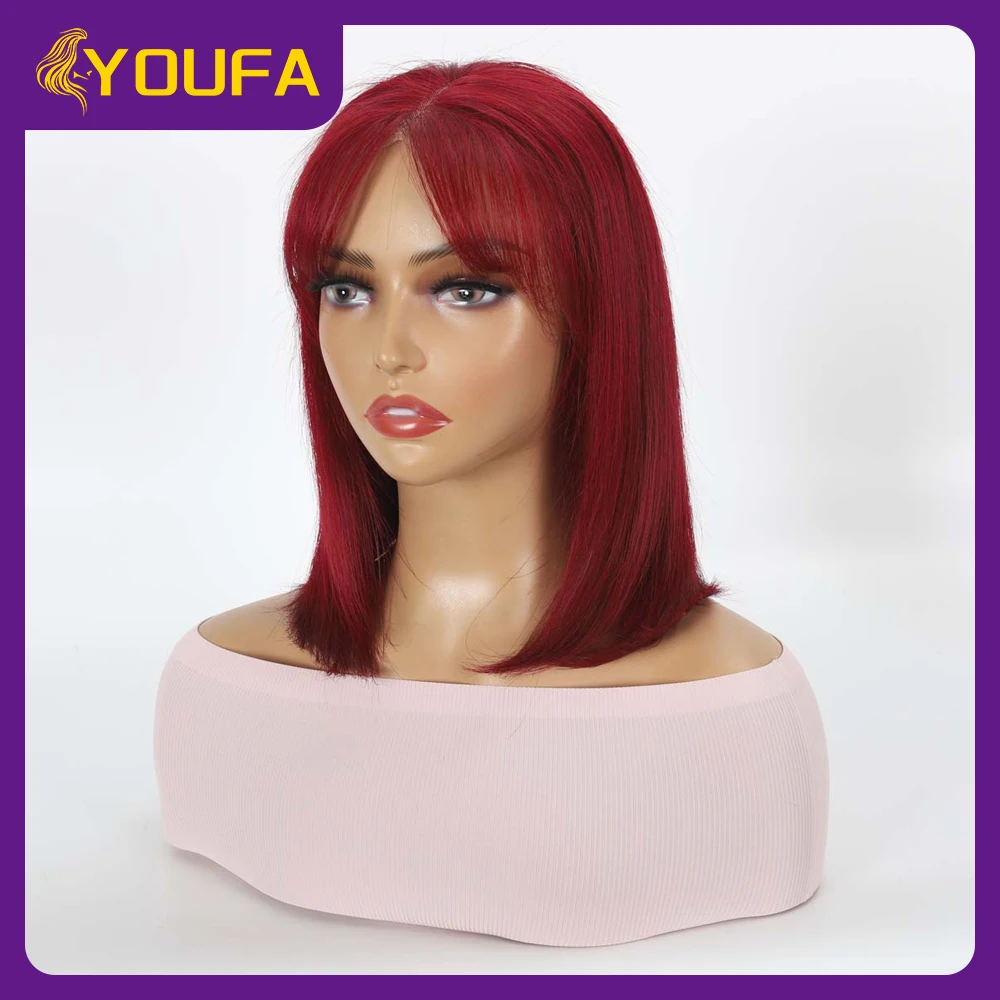 Pelucas de cabello humano con frente de encaje Borgoña con flequillo pelucas frontales de encaje transparente vino rojo corte Romo pelucas de cabello humano Bob corto