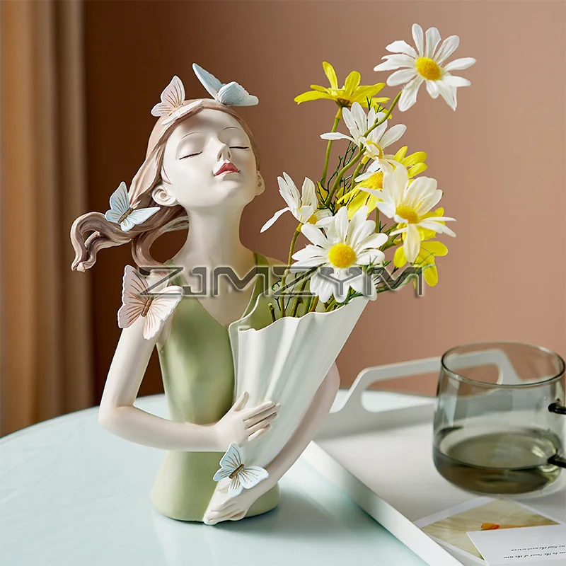 Resin Butterfly Girl Figurines Vase Character Model Art Modern Storage Statues Home Living Room Desktop Decor Character Figurine