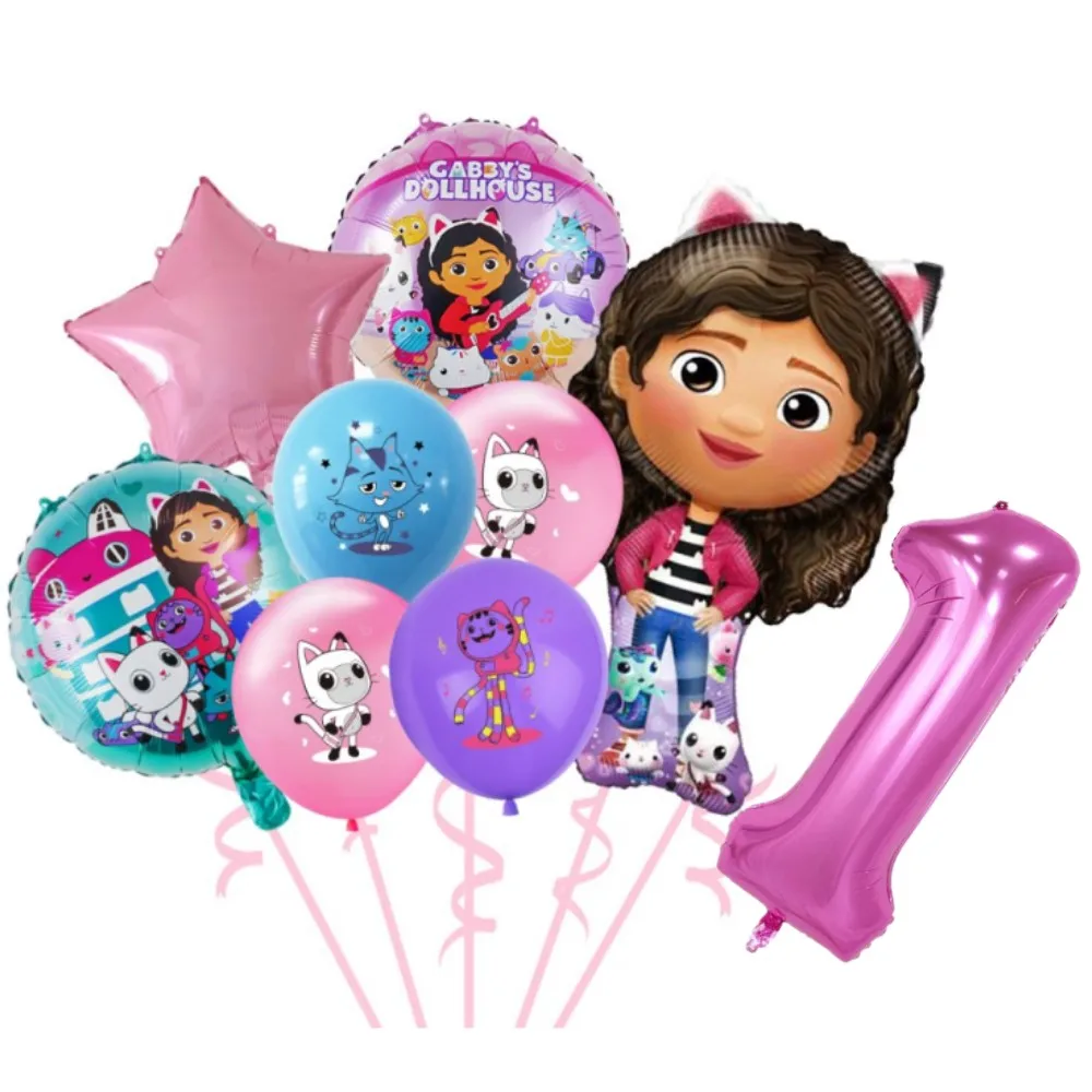 Gabby Dollhouse Cats Children's Birthday Party Decoration Latex Aluminum Balloons Girl Gabbys Doll Digital Number Balloon Set