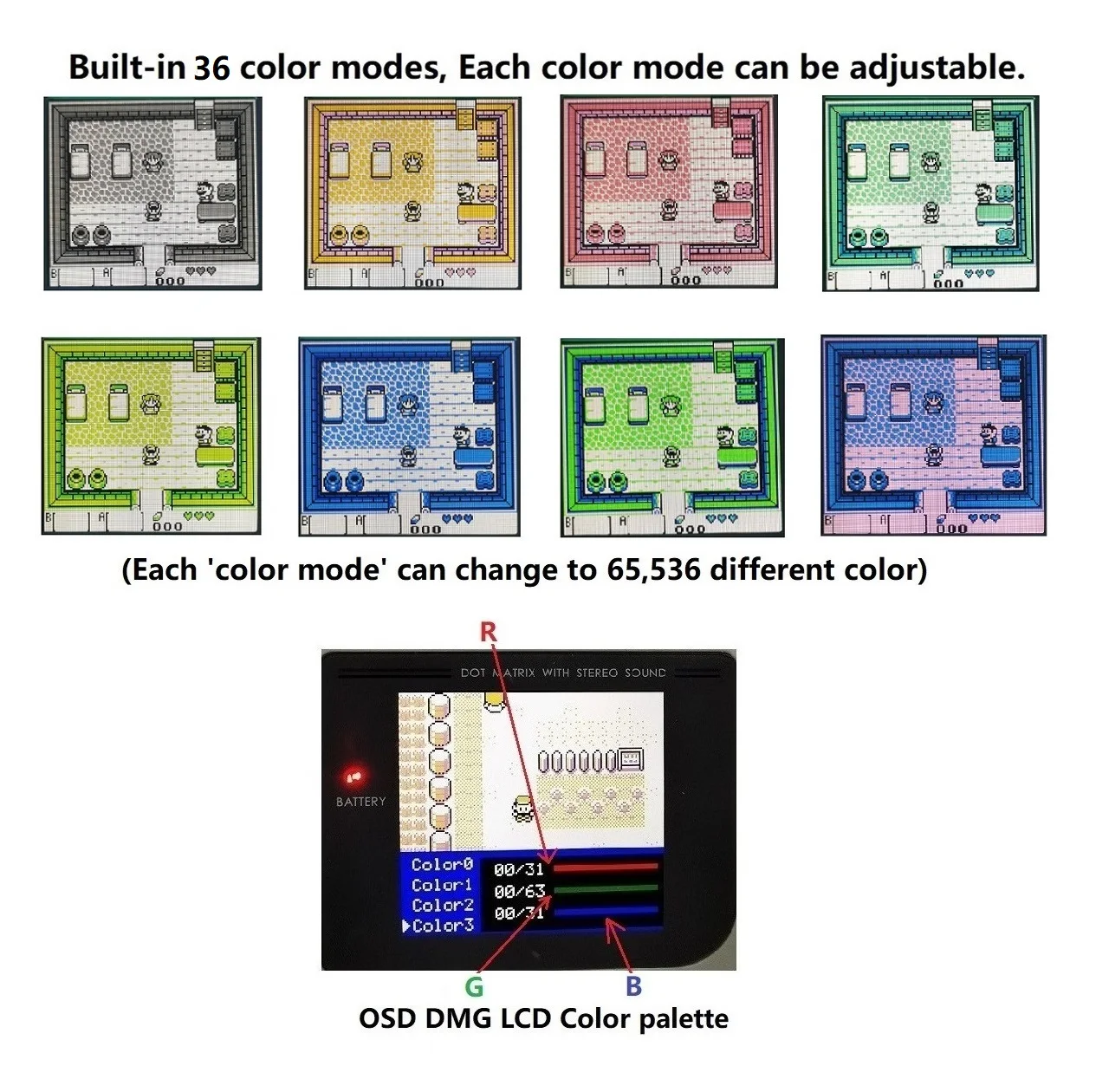 GB DMG V5 Pro 36 Colorful Models OSD Menu Full Size RIPS Backlight LCD For GameBoy DMG GB DMG Console And Pre-cut Shell Case