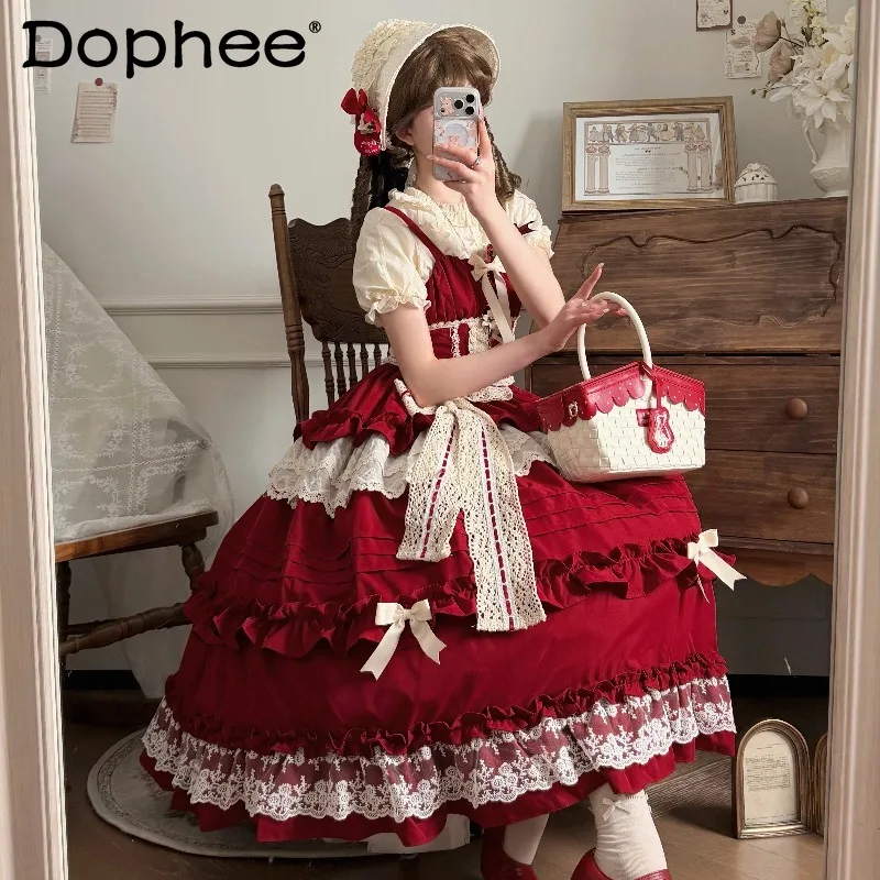 

Sweet and Elegant Japanese Original Lolita Jsk Dress Lace Bow Retro Versatile Sleeveless Suspender Lolita Long Dress for Woman