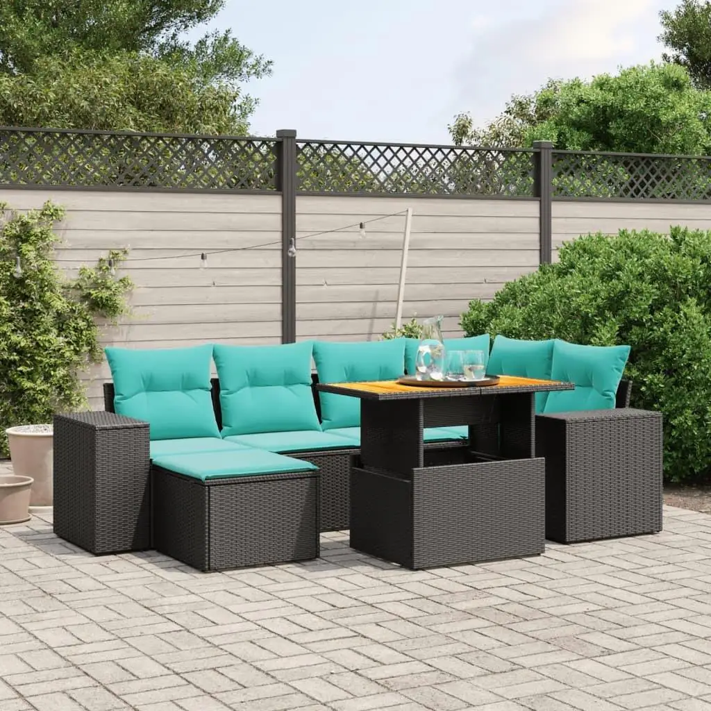 

7 Piece Outdoor Patio Sofa Set with Cushions Modern Black Poly Rattan Furniture Garden Seating