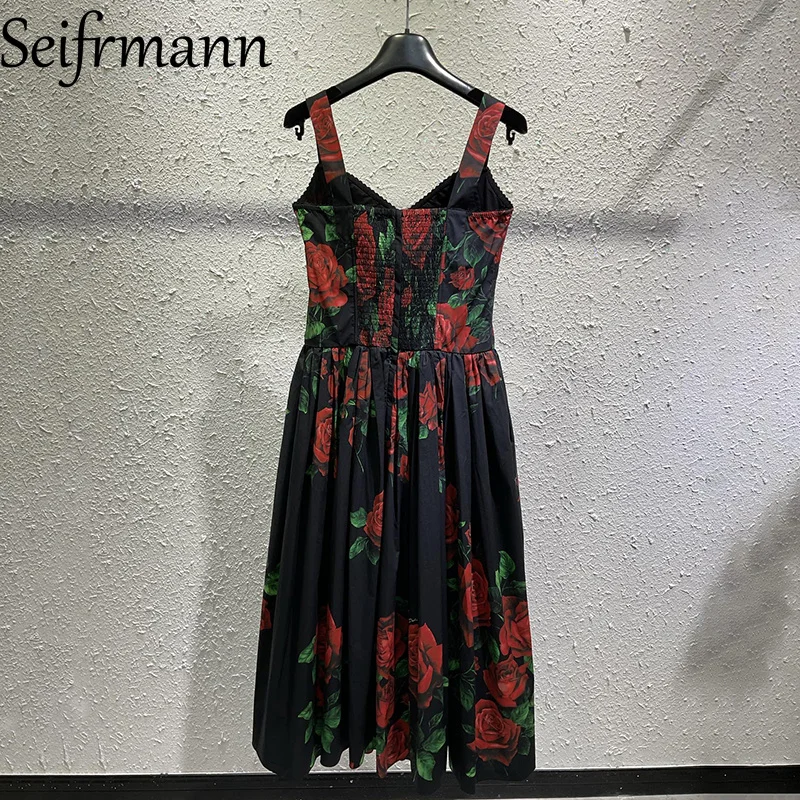 Seifrmann Casual printed cotton suspender dress square neck sleeveless waist mid-length dress 2026 autumn women's new style