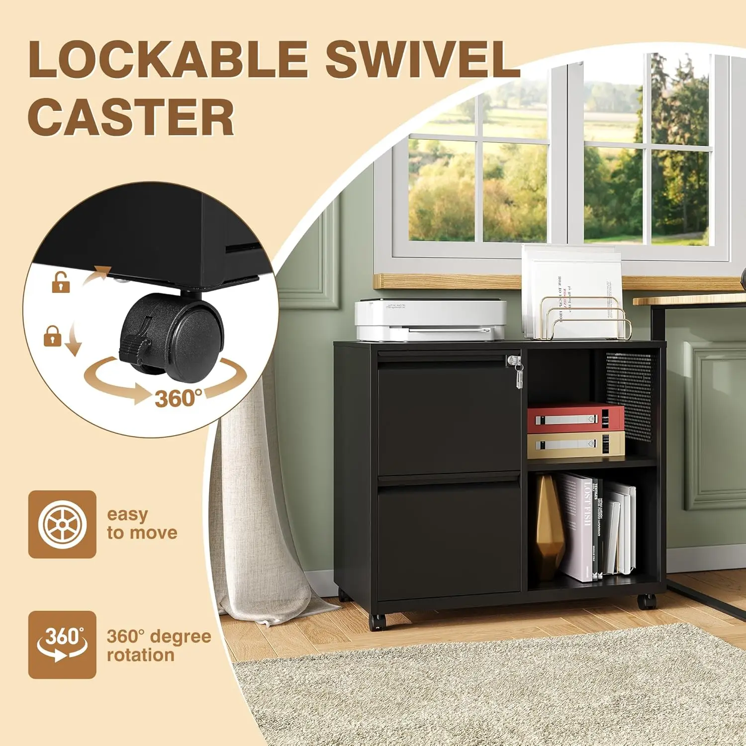 Lateral 2 Drawer Filing Cabinet with Lock, Mobile File Cabinet on Wheels, Printer Stand with Storage for Letter/A4 File Folders