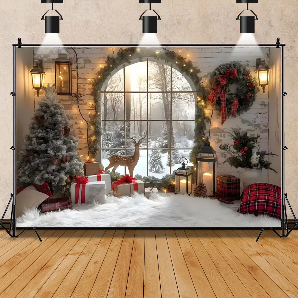 Winter Christmas Backdrop Fireplace Xmas Trees Gifts Family Portrait  Interior Photography Background Decor For Photo Studio