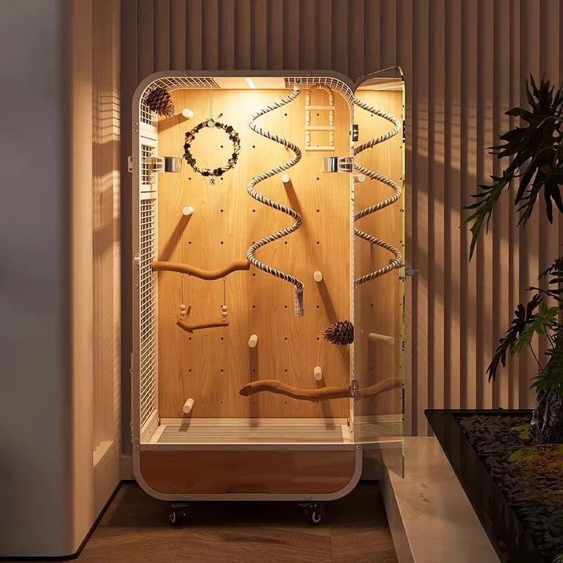 

High-end bird cage, parrot villa, panoramic luxury solid wood ecological cabinet, standing pole