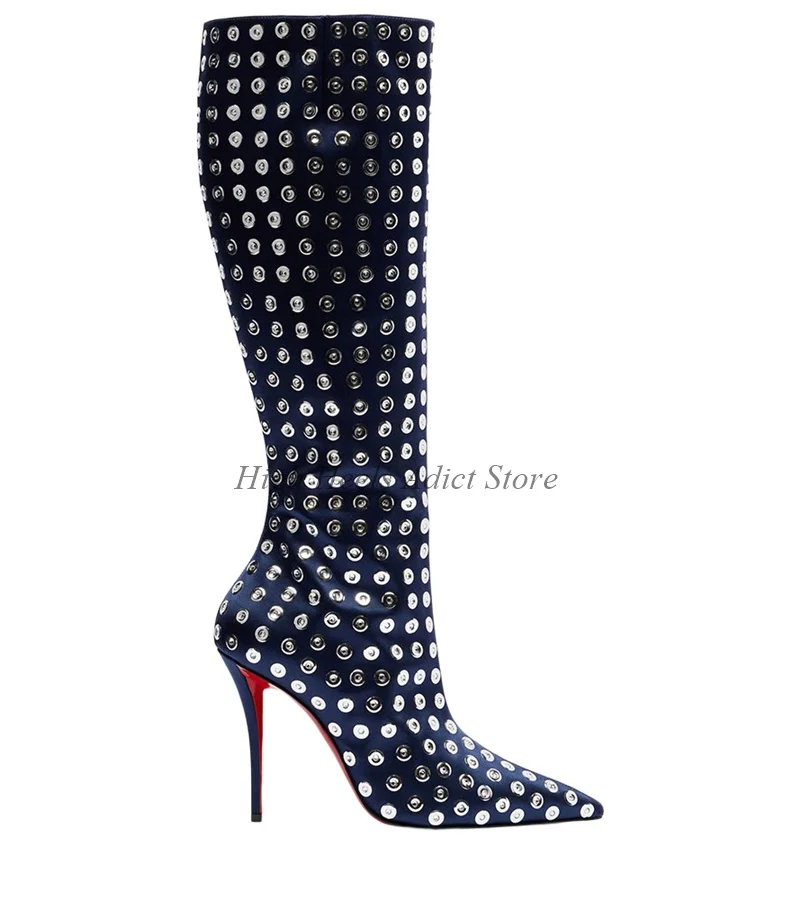 

Deep Blue Studded Leather Sexy Knee High Boots Women's 2025 Winter New in Big Size High Heels Long Boot Luxury Designer Shoes