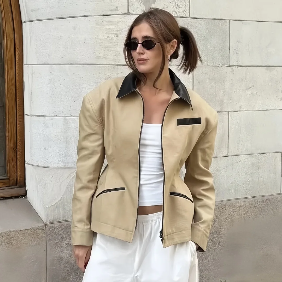 

American Retro Design Biker Jacket Women's Zipper Waist-Cinching Collar Stand-Up Top For Autumn Fashion Casual Outerwear