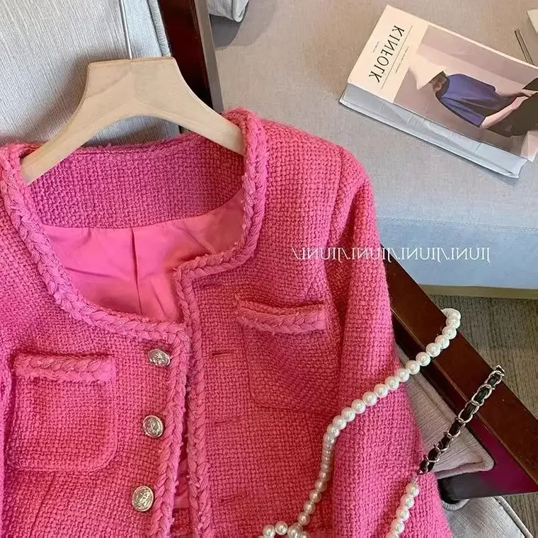 Giacca Blazer donna primavera autunno rosa bottoni in metallo abiti in Tweed grossolano cappotto vita alta OL Cardigan manica lunga Crop top 2023