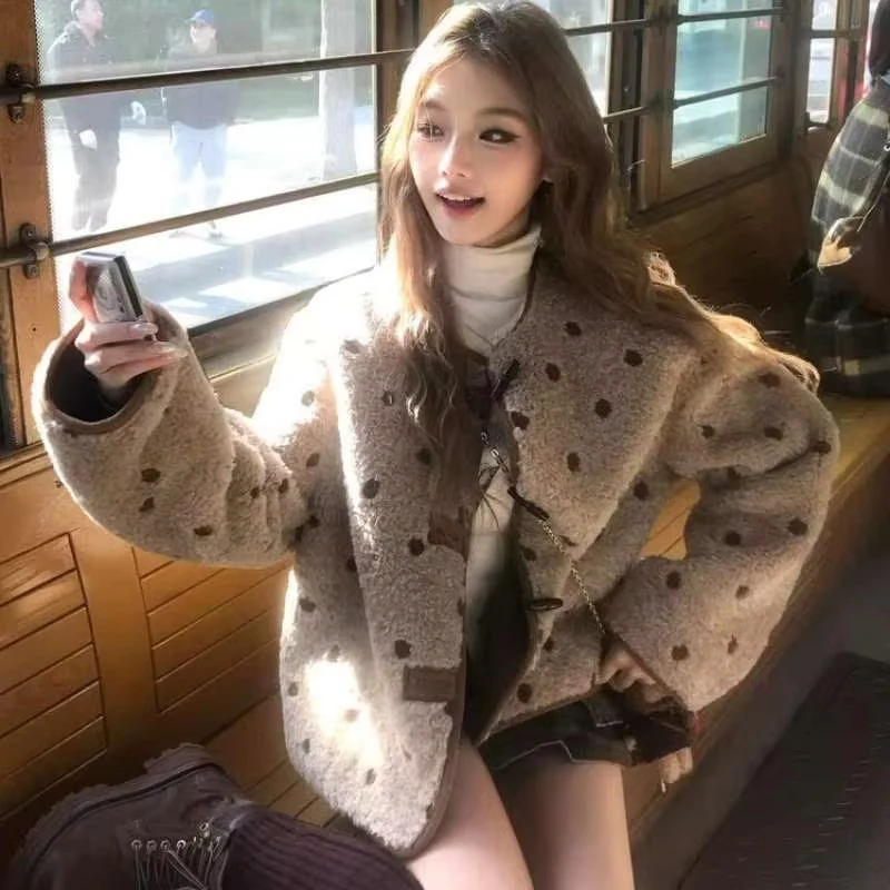 THRUM Double-Sided Wear Suede Lamb Fur Jacket Short Fashion Thickened Upper Body Polka Dot Fluffy Integrated Leather Fur