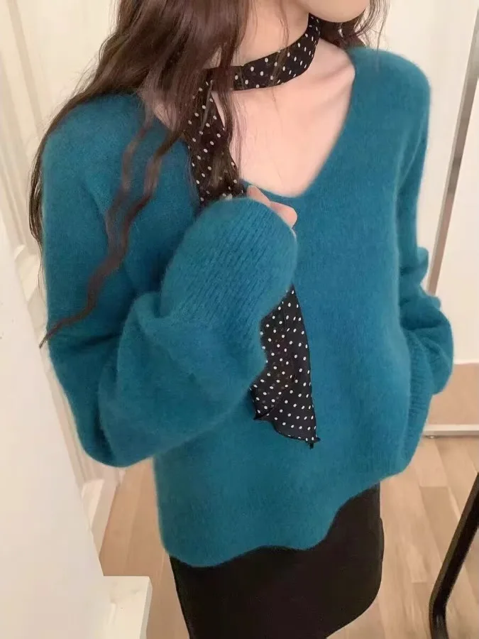 

Свободный крой, трикотаж с v-образным вырезом, женский пуловер с мехом медведя, осень-зима, удобный корейский свободный свитер Peaco Blue