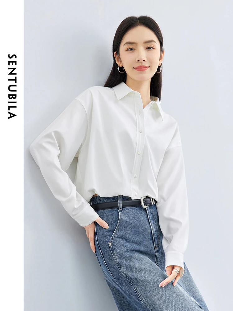 SENTUBILA Cropped White Shirt & Blouse Solid Polo Collar Button Up Long Sleeve Blouses 2024 Spring Summer Simple Tops 141C52395