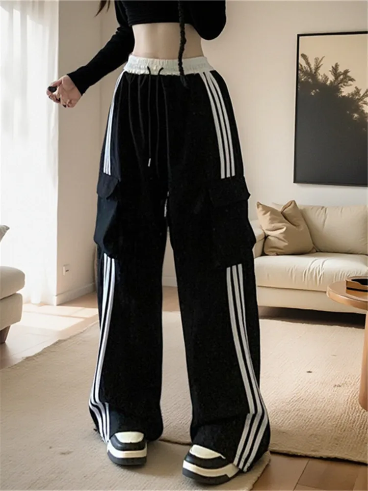 American Sle Striped Loose Casual Sports Pants Women's Autumn New Straight Leg Wide Leg Bla Pants Workwear Trousers
