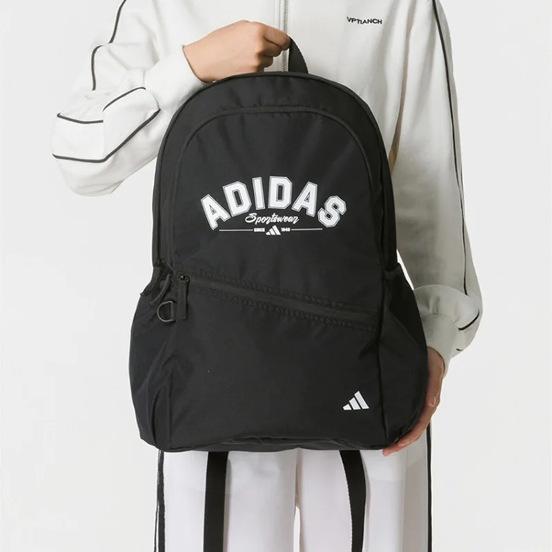 Adidas Medium Backpack Double Zipper Head Coated Surface Internal Slip Sleeve Front D-Ring Elastic Side Pockets School Backpack