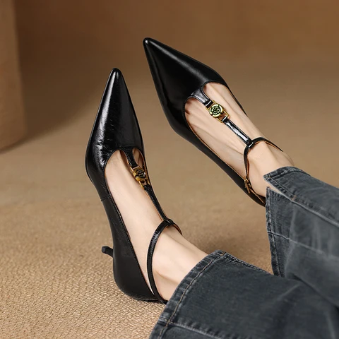 2025 Spring Women Pumps Women Shoes Pointed Toe Thin Heel High Heels Mary Janes Ladies Shoes Genuine Leather Red Wedding Shoes
