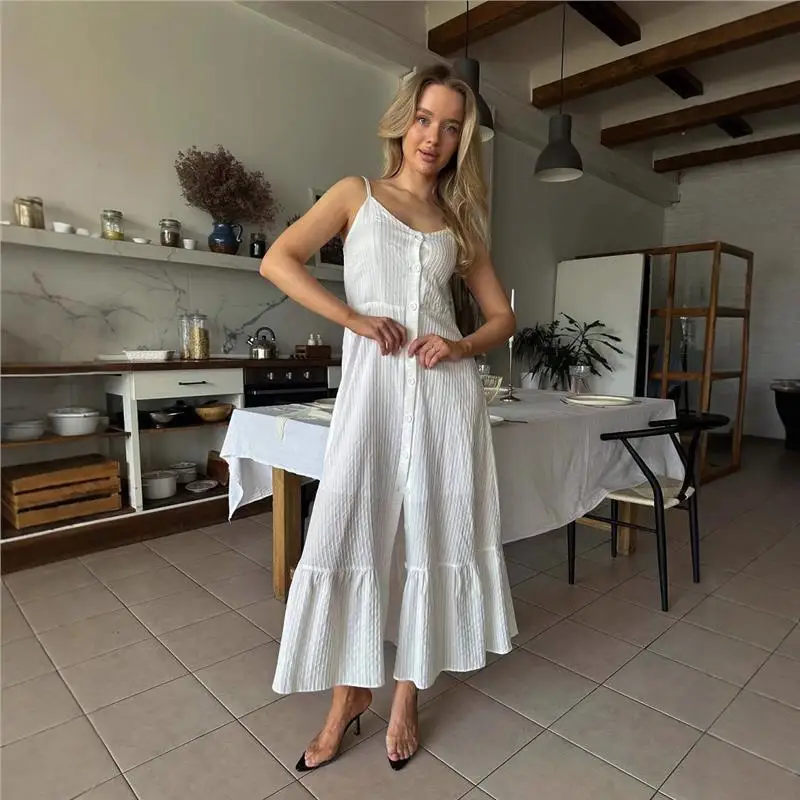 

Ele Long Dr Single Button Cross-Border Women's Clothing Summer New Independent Station Sle Bell Sve Strap Dr