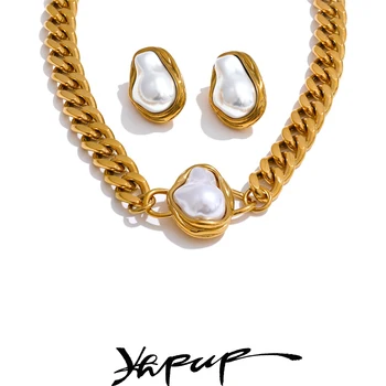 Yhpup Popular Baroque Simulated Pearls Golden Cuban Chain Necklace Earrings Vintage…