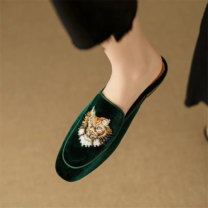 New Chinese Style Embroidery Women Pumps Spring Summer Woman Shoes Fashion Mules Slippers Shoes for Women Zapatos Mujer Green