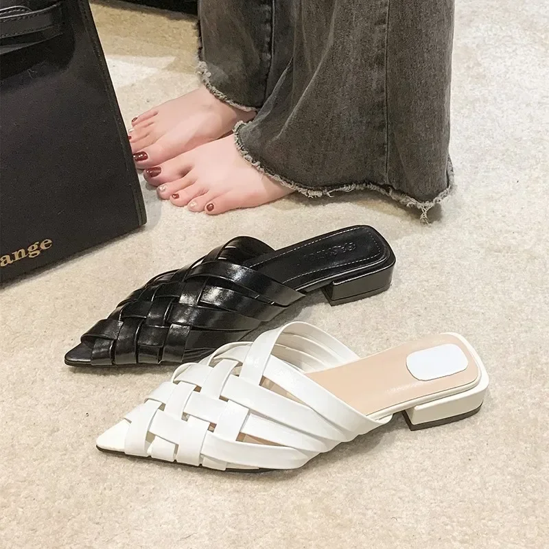 

2026 Formal Sandals Pointed Toe Women's New Casual Flat-soled Hollow Women Solid Color One-legged Shallow Mouth Beach Slippers