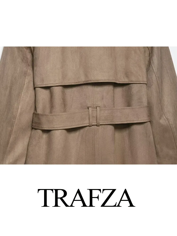 

TRAFZA Woman Elegant Lapel Double-Breasted Pocket Decorate Casual Overcoat Women Faux Leather Windcoat Street Style Autumn Coat