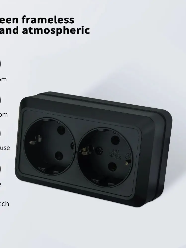 Schwarz mit Erdungssteckdosen, Wandoberfläche, EU-Standard-Stecker, Steckdose, Steckdosen, Farbe, Kunststoff, flammhemmend, klassisch