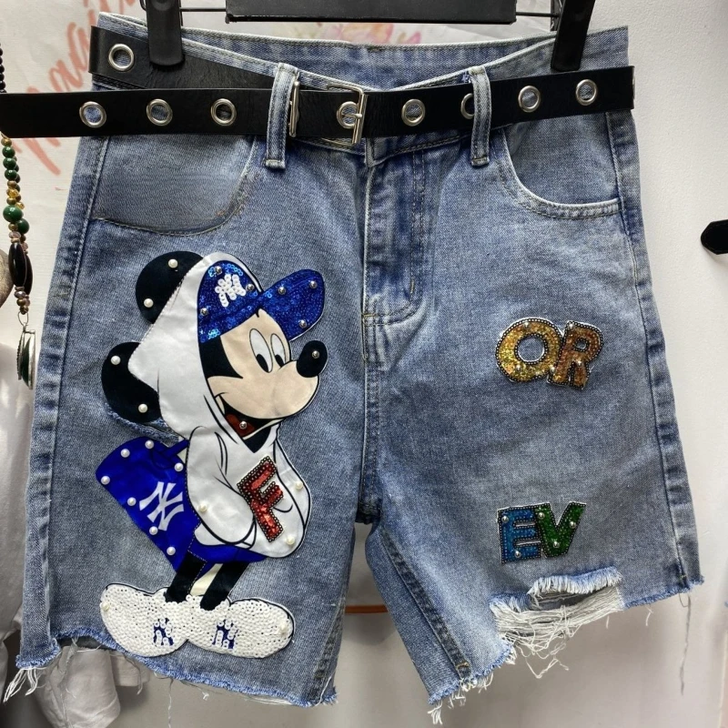 Dames zomer Europese stijl zware Mickey patch kralen noodlijdende denim shorts losse rechte pijpen knielange broek