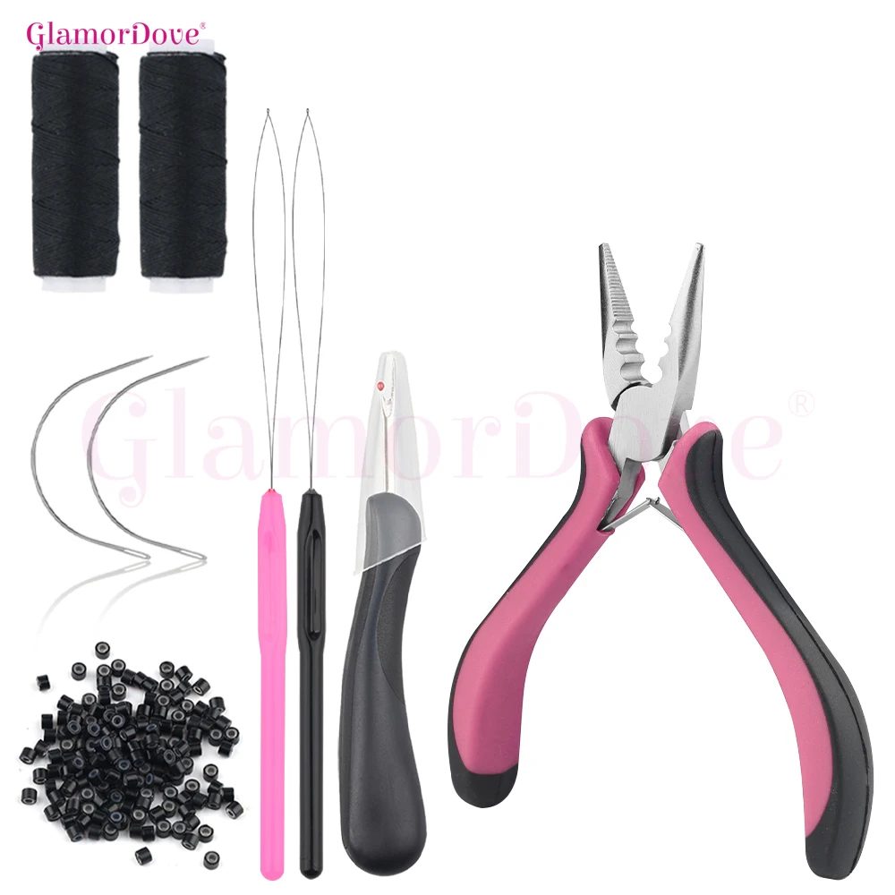 

Набор инструментов для наращивания волос GlamorDove – щипцы с 3 отверстиями, иглы с C-образным крючком, инструменты для создания петель, распарыватель швов и 200 шт. микро-бусинок 4,0 мм