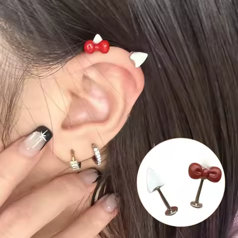 Pendientes Bonitos de Acero y Titanio para Mujer, Accesorios de Joyería para Pinchazos, Lazo, Corazón, Hueso del Oído, 2 uds.