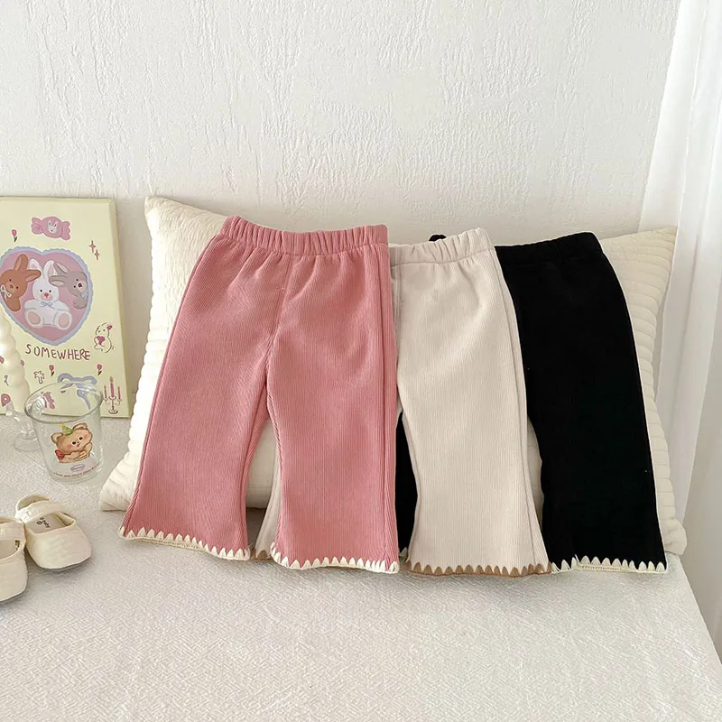 MILANCEL New Winter Kids Bell-bottoms 0-5T Girls Cute Solid Color Fleece Padded Trousers Children Warm Casual Pants