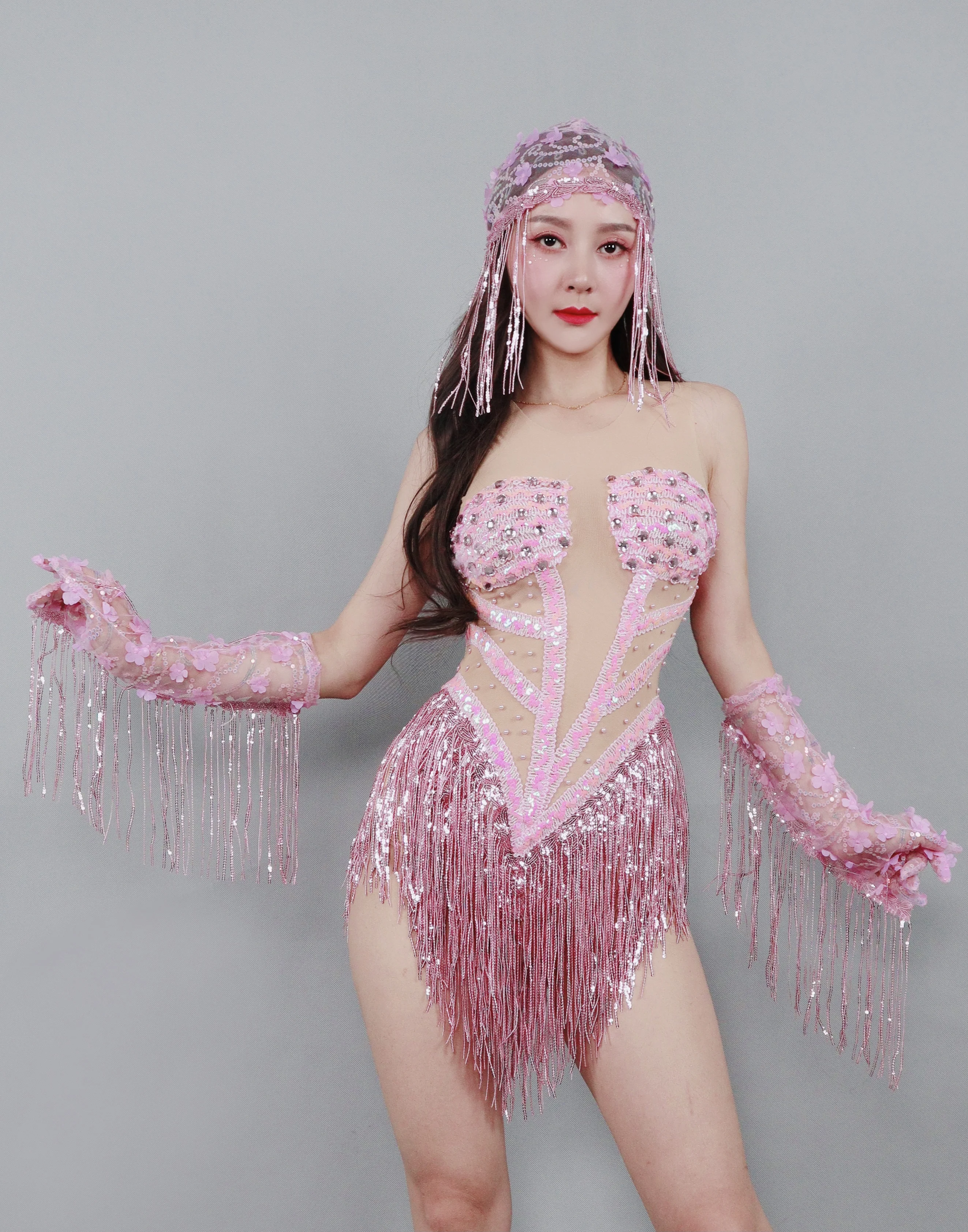 

Pink full-diamond sequin stream Shu sexy one-piece, flesh-colored see-through high-cut new show suit