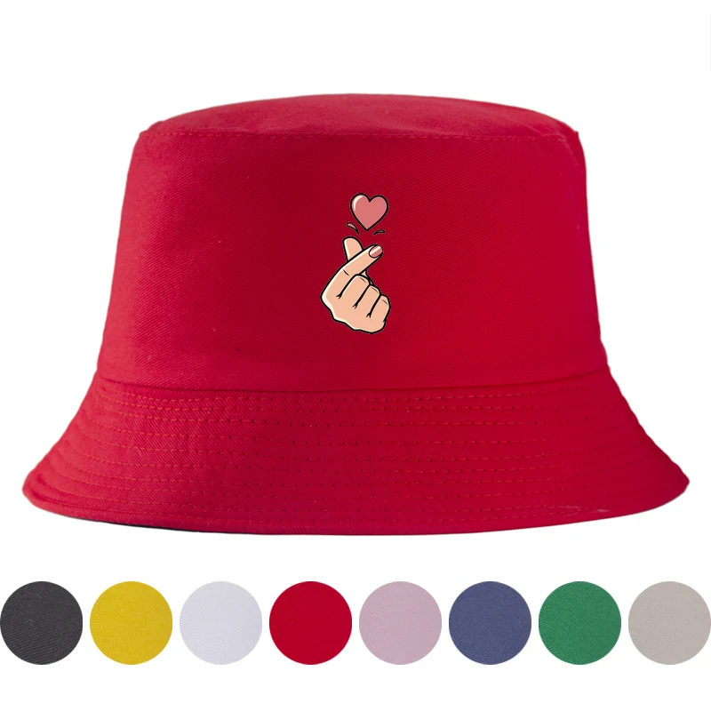 Korean Finger Heart Bucket Hat for Women Men Summer Cotton Fisherman Cap Kpop Saranghae Sun Panama Hats Unisex Hip Hop Bob