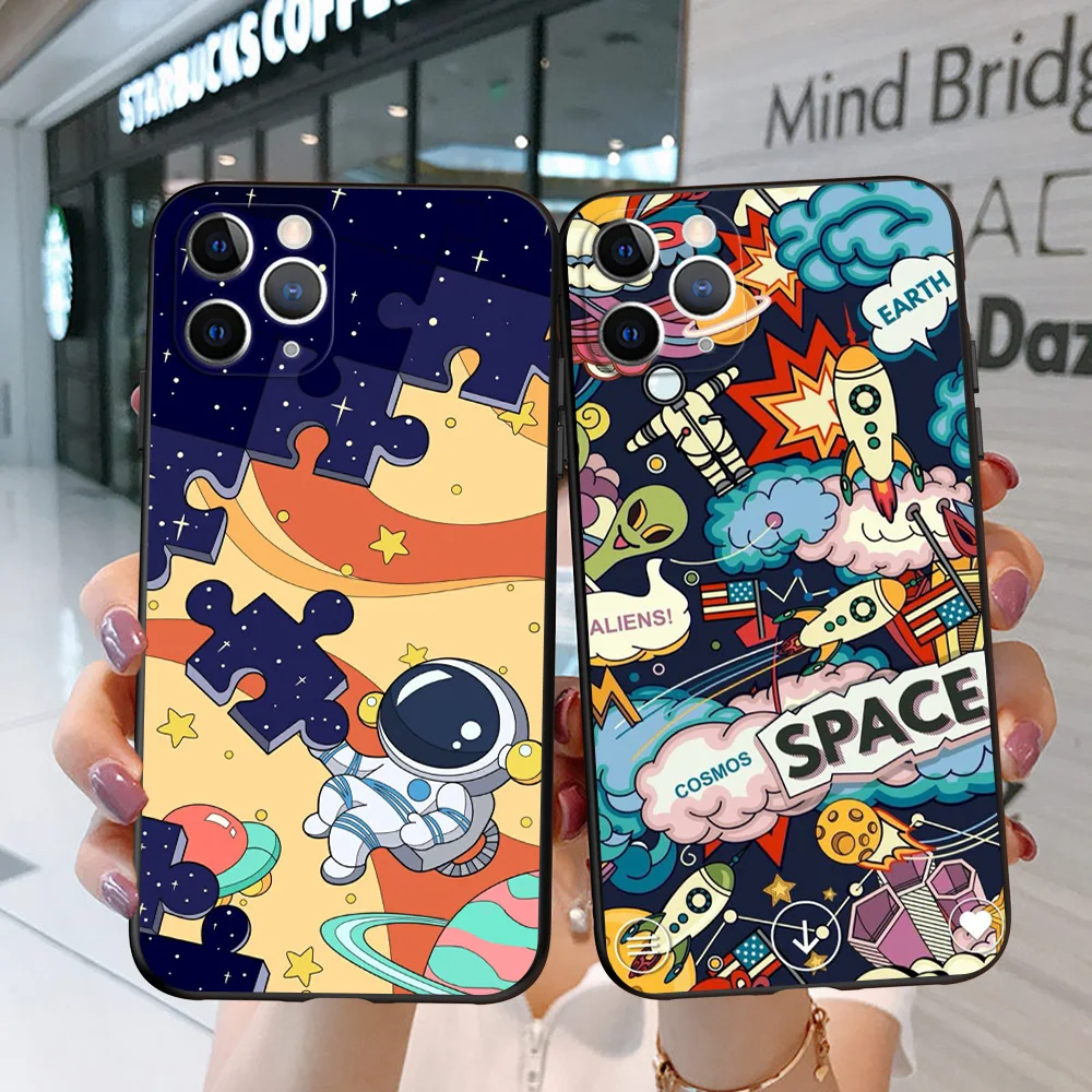 For iphone 11 Case for iphone 11 pro max Cover eleven coque etui 11pro Phone back Cover black tpu case Cartoon Astronaut