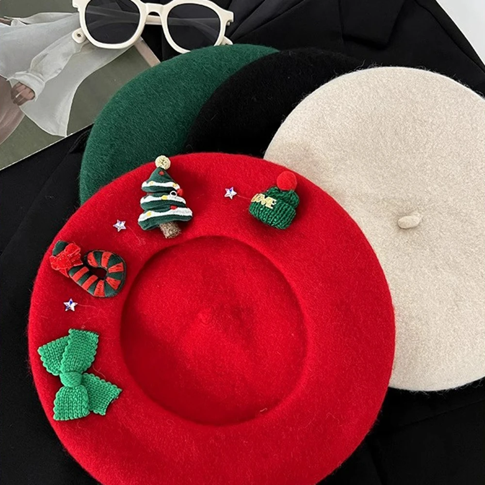 Christmas Red Beret Hat for Women Girls New Year Gift for Girlfriends Soft Warm Wool Beret Cap Autumn Winter Painter Hats