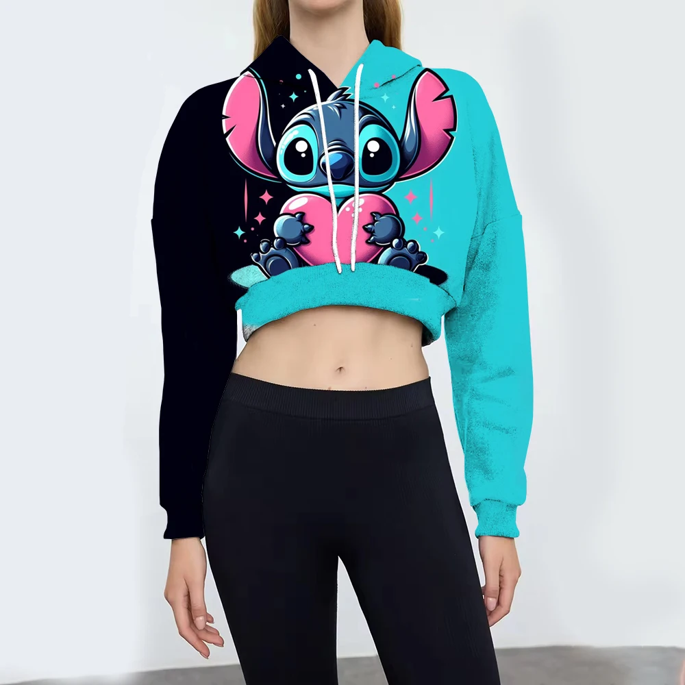 

Casual Short hooded Sweatshirt Women Disney Stitch print Hoodies Harajuku Long Sleeve Tops Crop Top Female Loose Jackets Coat ﻿