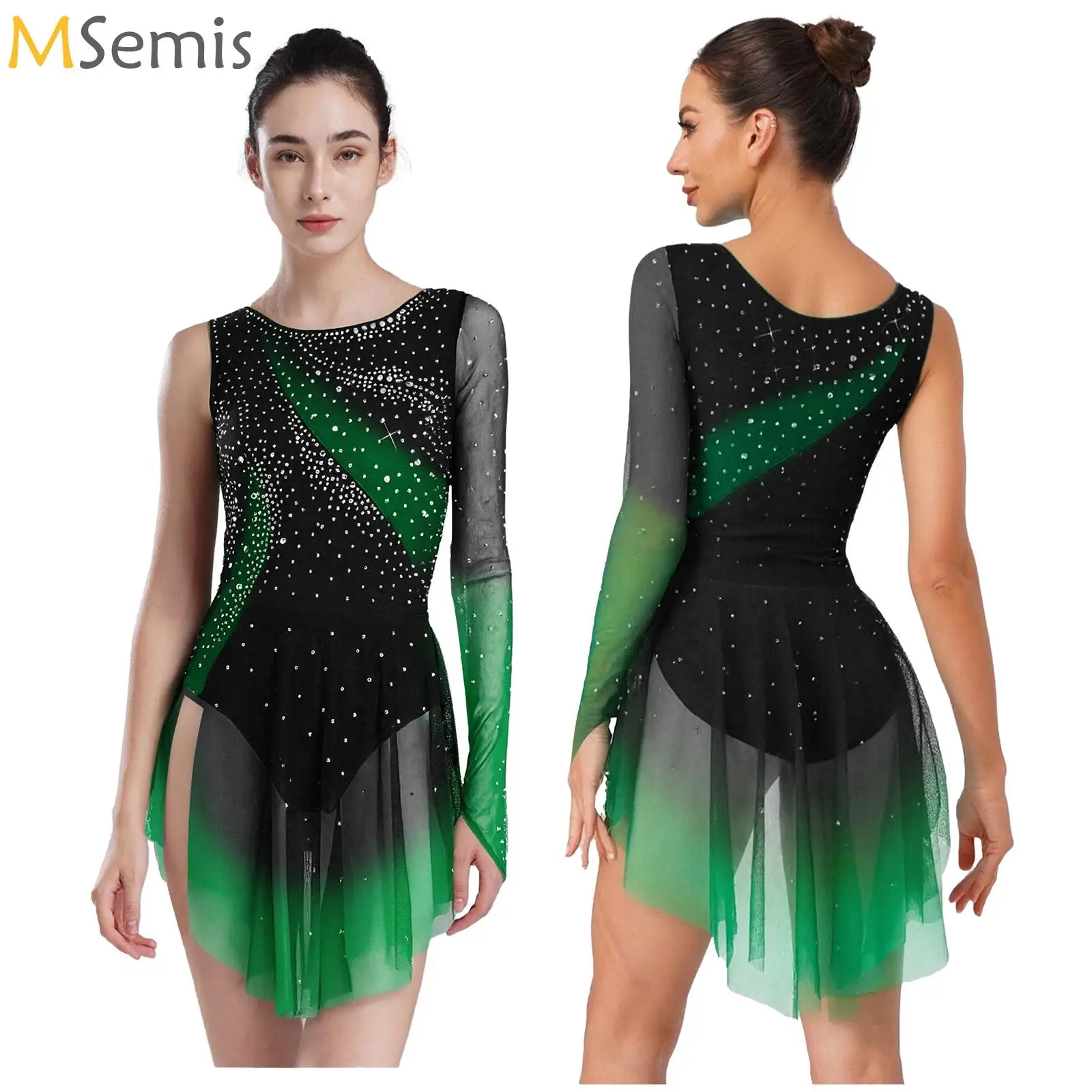 

Womens Figure Skating Gradient Leotard Dress Single Long Sleeve Rhinestones Bodysuit Ballet Dance Lyrical Performance Costume
