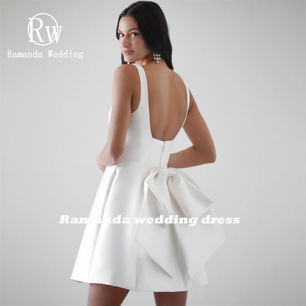 Ramanda Simple arco cuello cuadrado por encima de la rodilla Mini vestido de novia tirantes espagueti Hobo espalda descubierta elegante vestido de novia hecho a medida