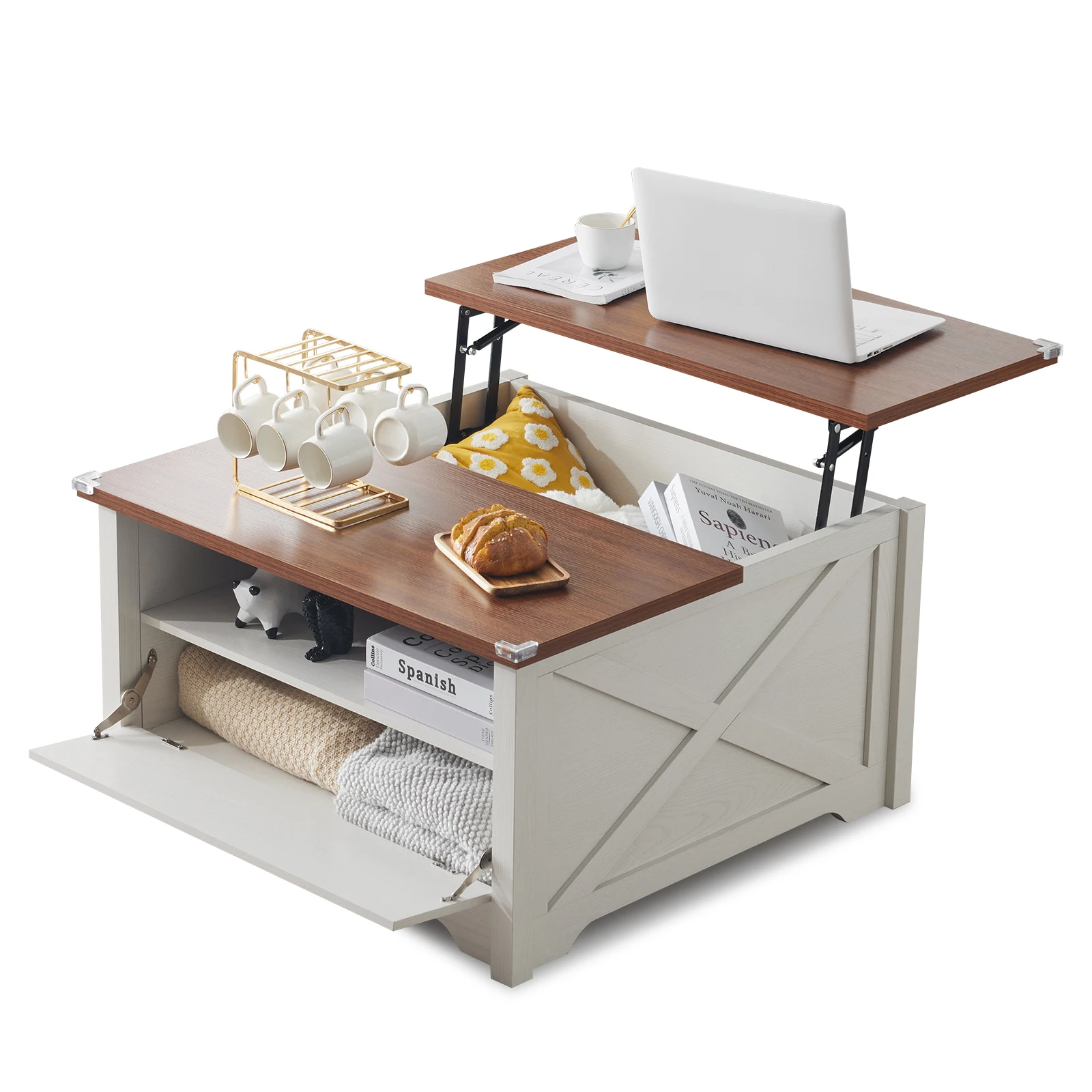 Lift Top Coffee Table, Ergonomic Rising, Hidden Compartment, Retro Farmhouse, Brown/White, Living Room/Office.