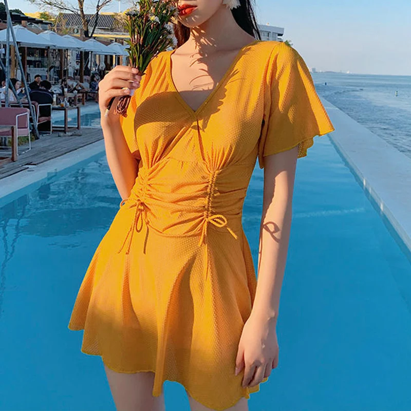 

Summer Elegant Fashion Sweat Swimsuits Women Short Sleeve V Neck Swimwear Solid Color Dress Sexy Waist Retraction Female Clothes