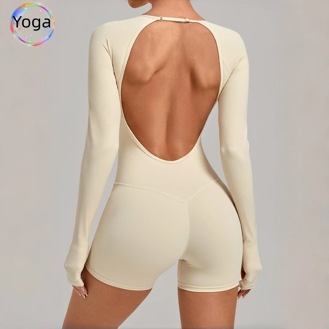 

Women Yoga Jumpsuit Hip Lifting Backless with Chest Pad Long Sleeve Shorts One Piece Fitness Running Workout Gym Yoga Bodysuit