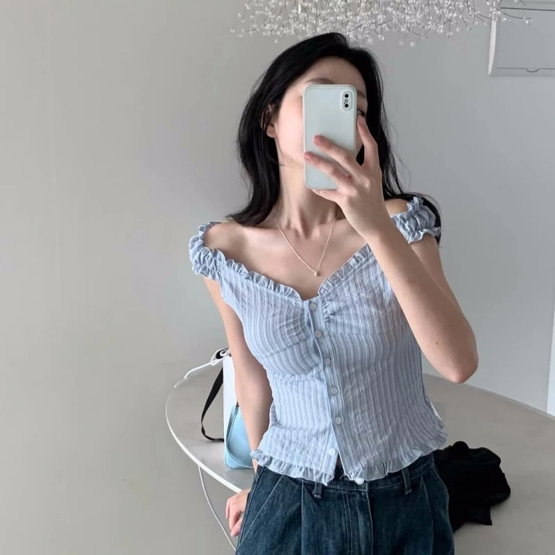 

Korean Sle Slim Fit Striped irt Gentle Pure Faion Commute ort Sve Women's Cotton irt Thin Model Single Row Multi...