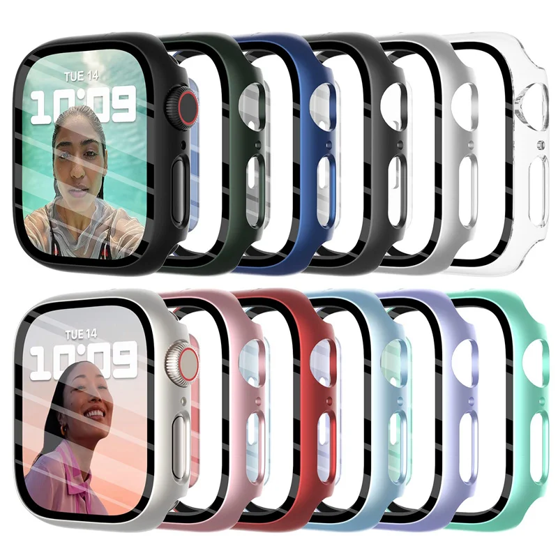 Vidrio templado y funda para Apple Watch, accesorios de 45mm, 41mm, 44mm, 40-42mm, Protector de pantalla, funda para reloj inteligente Serie 9, 8,