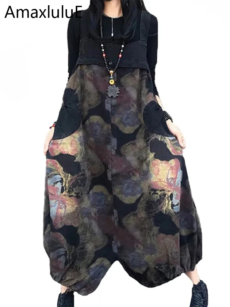 Amax luluE Spring New Fashion 2024 Women Gothic Jeans Loose Vintage Ladies Overalls Printed Flowers Oversized Casual Harem Pants