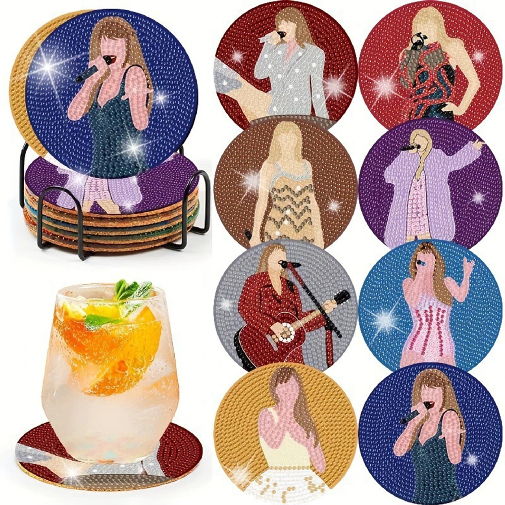 

8 PCS Pop Star Diamond Painting Coasters with Holder DIY Drink Coasters Art Crafts Cup Mat for Home Decor House Warming Gifts